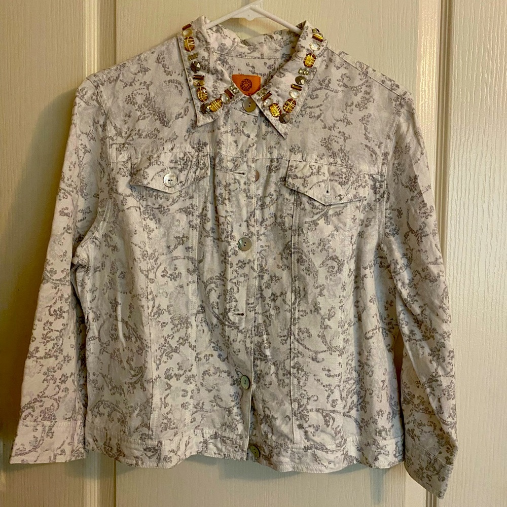 Ruby Rd. Gray and White Beaded Collar Jacket. 55% linen 45% rayon size 14